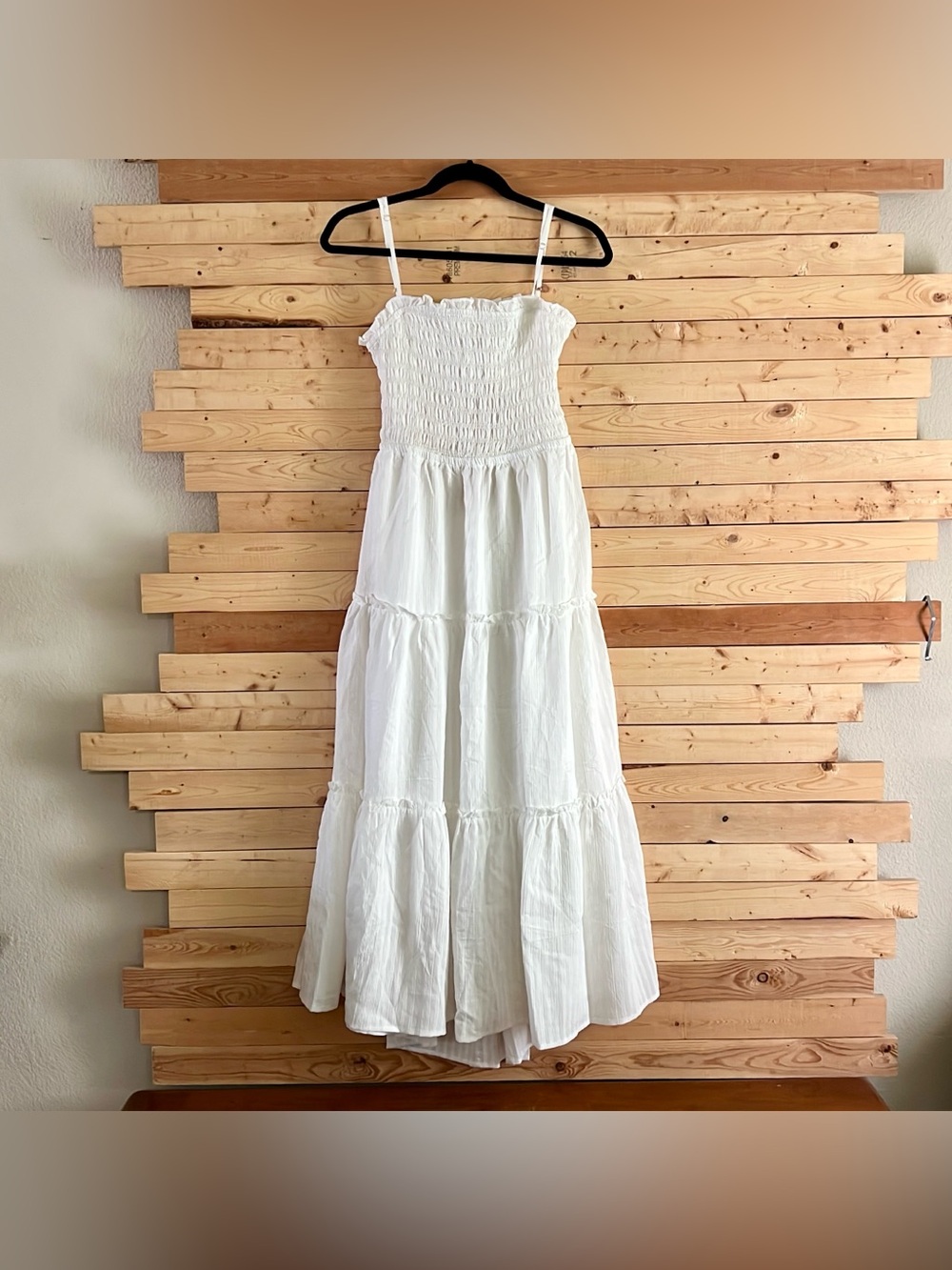 Blu Pepper Off White Smocked Bodice Spaghetti Straps Sexy Ties Maxi Dress Size L